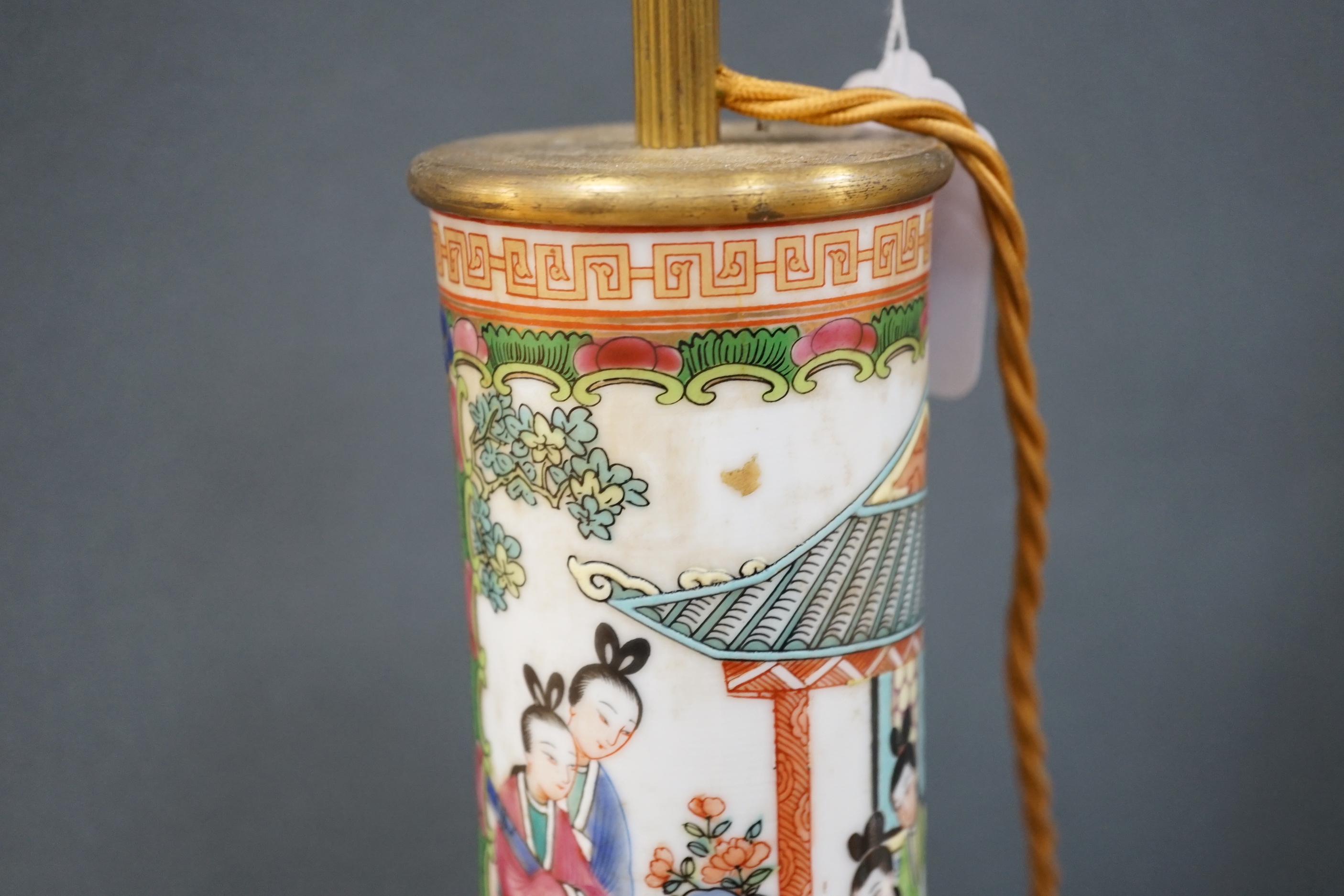 A pair of Chinese famille rose lamp bases on wooden stands, 50cm high